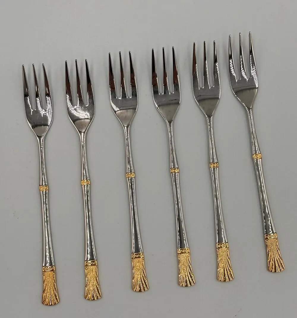 Baek San Royal Seafood Dessert Appetizer Stainless Steel Gold Trim Forks 6pc Set